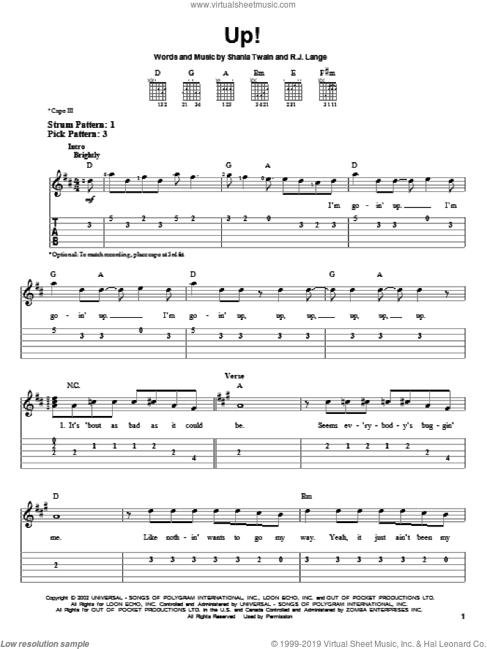 Up! sheet music for guitar solo (easy tablature) by Shania Twain and Robert John Lange, easy guitar (easy tablature)