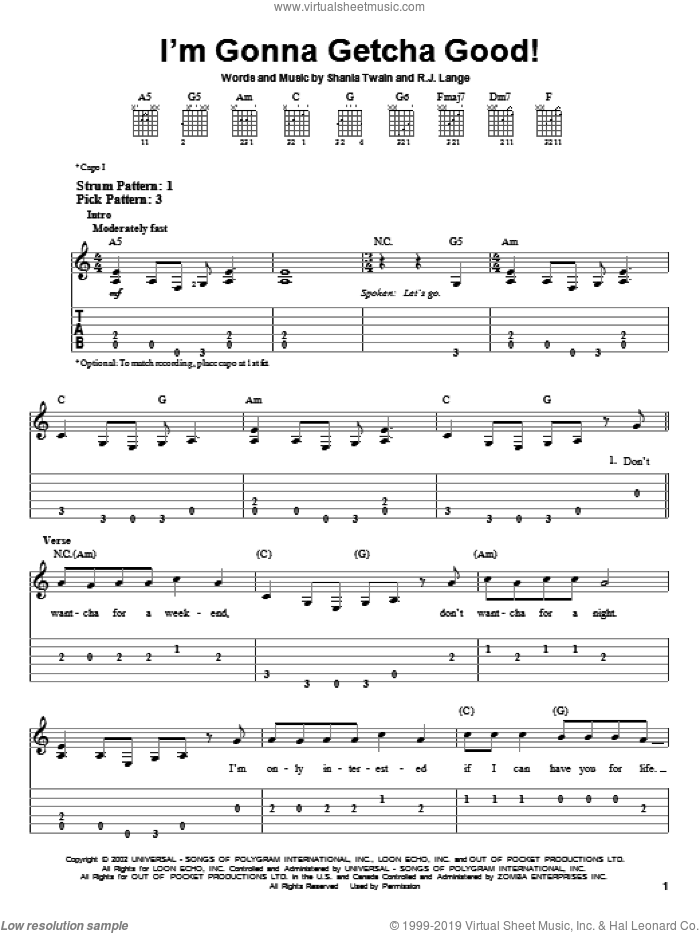 I'm Gonna Getcha Good! sheet music for guitar solo (easy tablature) by Shania Twain and Robert John Lange, easy guitar (easy tablature)
