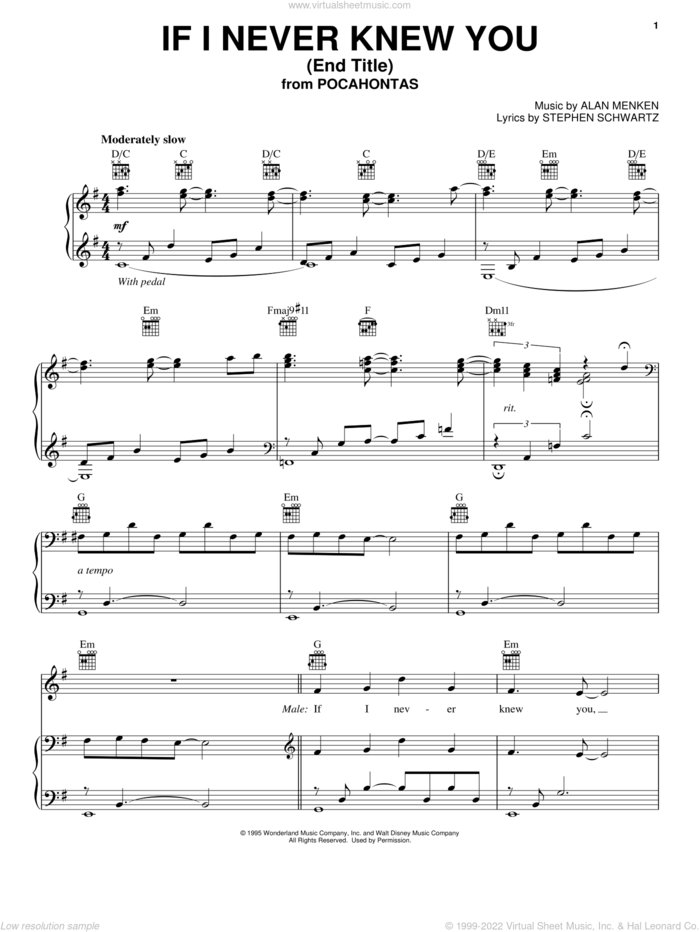 If I Never Knew You (End Title) (from Pocahontas) sheet music for voice, piano or guitar by Jon Secada, Shanice, Alan Menken and Stephen Schwartz, intermediate skill level