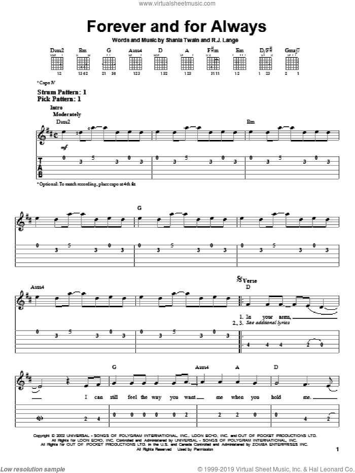 Forever And For Always sheet music for guitar solo (easy tablature) by Shania Twain and Robert John Lange, easy guitar (easy tablature)