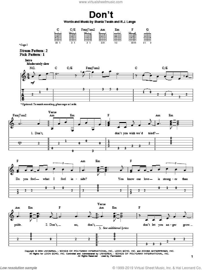 Don't! sheet music for guitar solo (easy tablature) by Shania Twain and Robert John Lange, easy guitar (easy tablature)