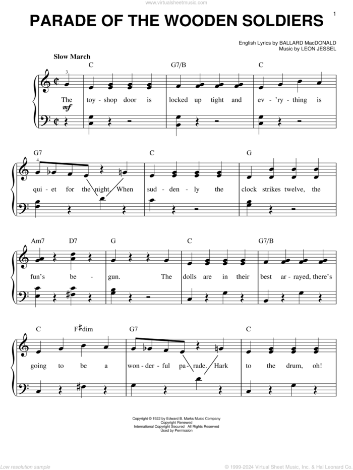 Parade Of The Wooden Soldiers, (easy) sheet music for piano solo by Ballard MacDonald and Leon Jessel, easy skill level