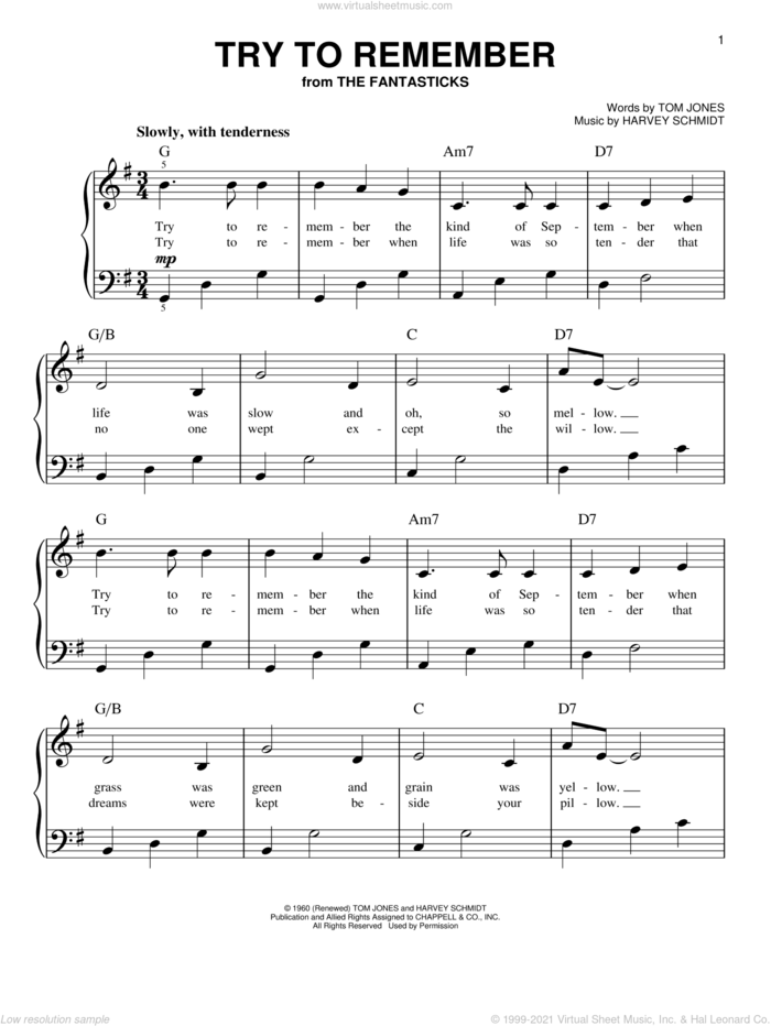 Try To Remember sheet music for piano solo by Harvey Schmidt, The Fantasticks (Musical) and Tom Jones, beginner skill level