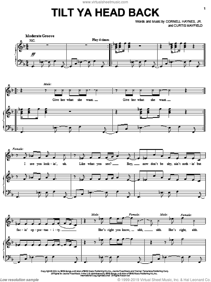 Tilt Ya Head Back sheet music for voice, piano or guitar by Nelly featuring Christina Aguilera, Christina Aguilera, Nelly, Cornell Haynes, Jr. and Curtis Mayfield, intermediate skill level