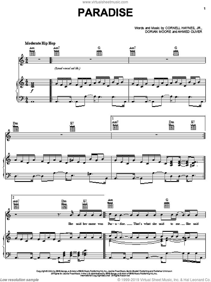 Paradise sheet music for voice, piano or guitar by Nelly, Ahmed Oliver, Cornell Haynes, Jr. and Dorian Moore, intermediate skill level