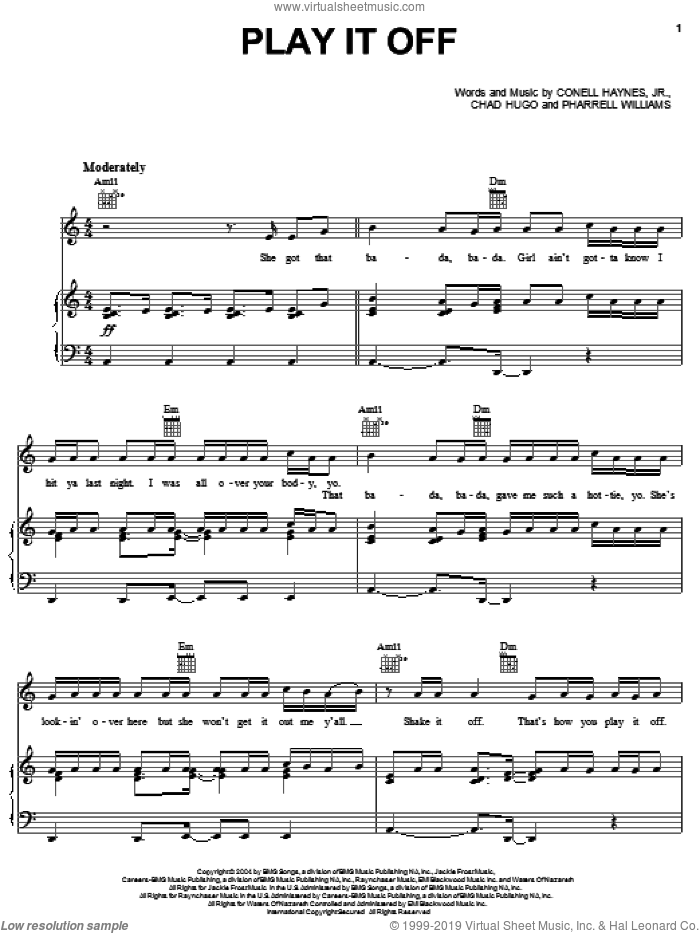 Play It Off sheet music for voice, piano or guitar by Nelly, Chag Hugo, Cornell Haynes, Jr. and Pharrell Williams, intermediate skill level