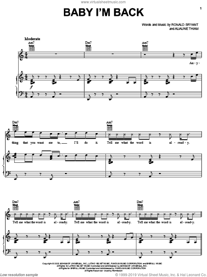 Baby I'm Back sheet music for voice, piano or guitar by Baby Bash featuring Akon, Akon, Baby Bash, Aliaune Thiam and Ronald Bryant, intermediate skill level