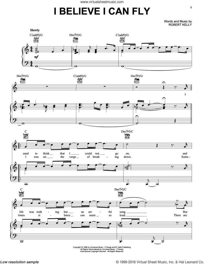 I Believe I Can Fly sheet music for voice, piano or guitar by Robert Kelly, intermediate skill level