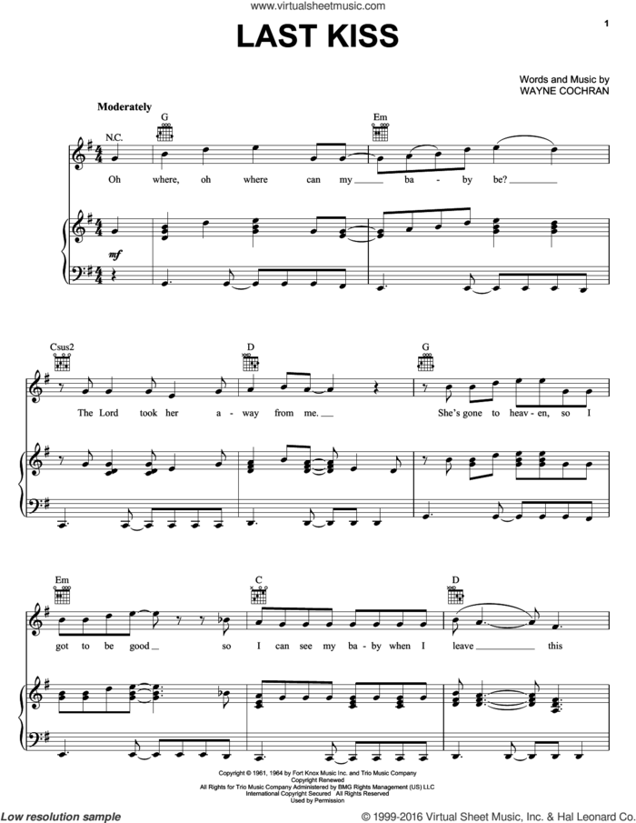 Last Kiss sheet music for voice, piano or guitar by J. Frank Wilson, Pearl Jam and Wayne Cochran, intermediate skill level