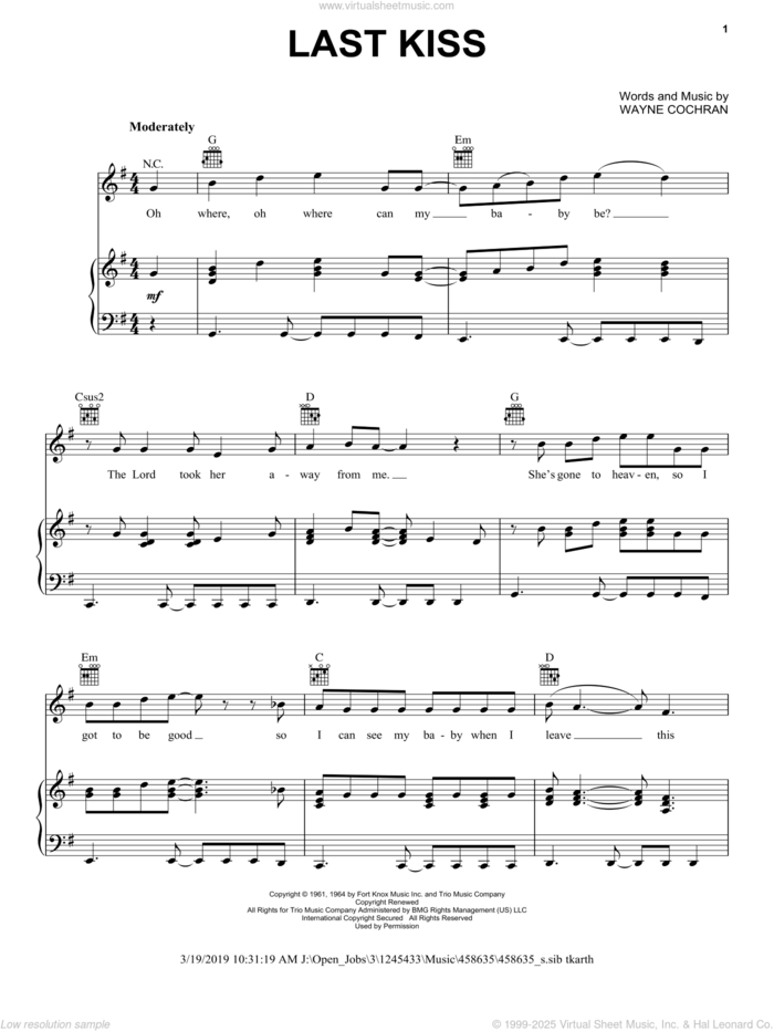 Last Kiss sheet music for voice, piano or guitar by J. Frank Wilson, Pearl Jam and Wayne Cochran, intermediate skill level