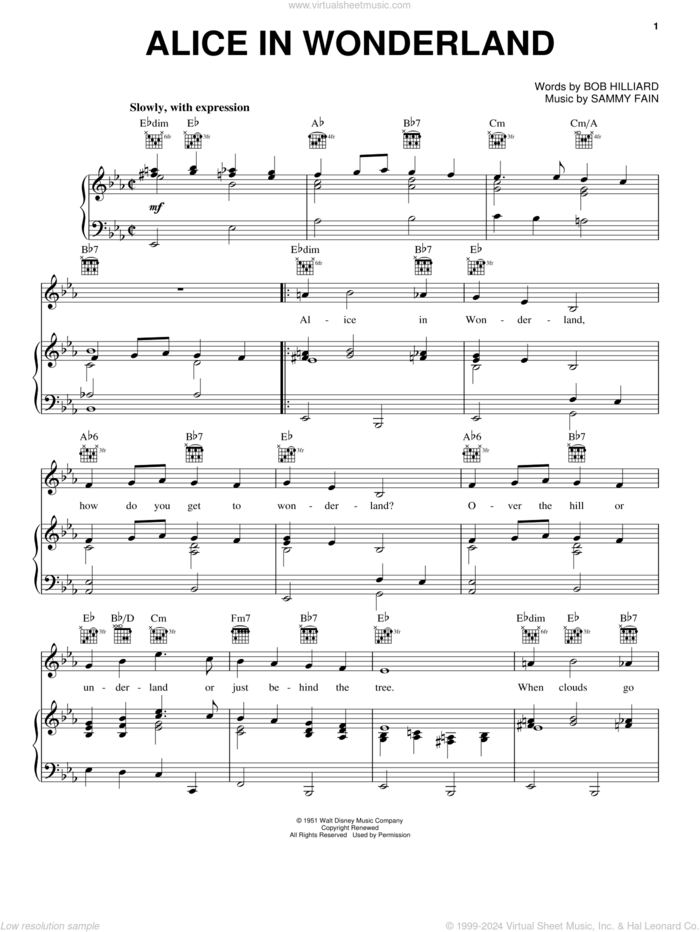 Alice In Wonderland sheet music for voice, piano or guitar by Bill Evans, Bob Hilliard and Sammy Fain, intermediate skill level