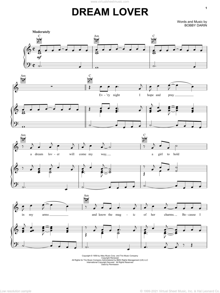 Dream Lover sheet music for voice, piano or guitar by Bobby Darin, intermediate skill level