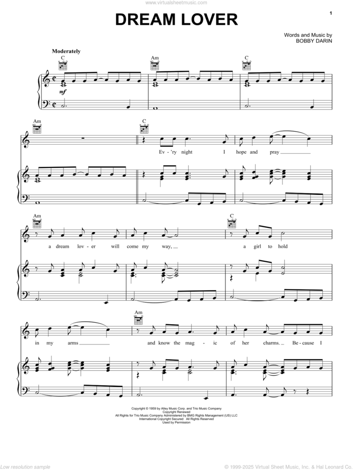 Dream Lover sheet music for voice, piano or guitar by Bobby Darin, intermediate skill level