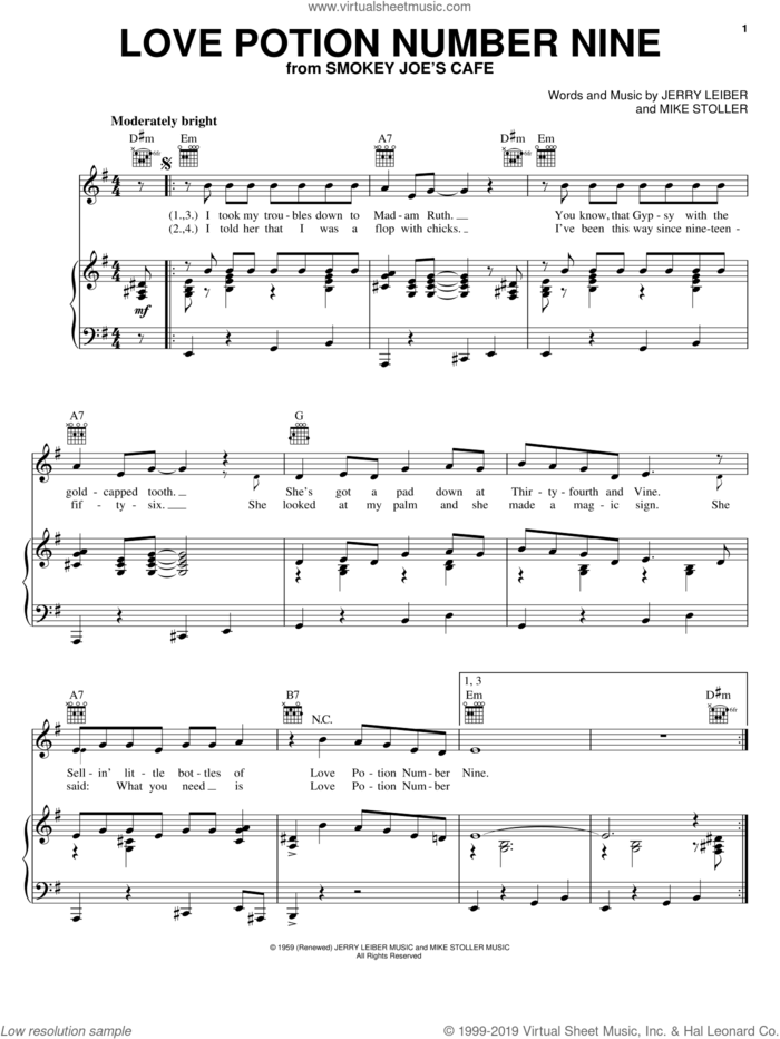 Love Potion Number 9 sheet music for voice, piano or guitar by The Searchers, Leiber & Stoller, Jerry Leiber and Mike Stoller, intermediate skill level