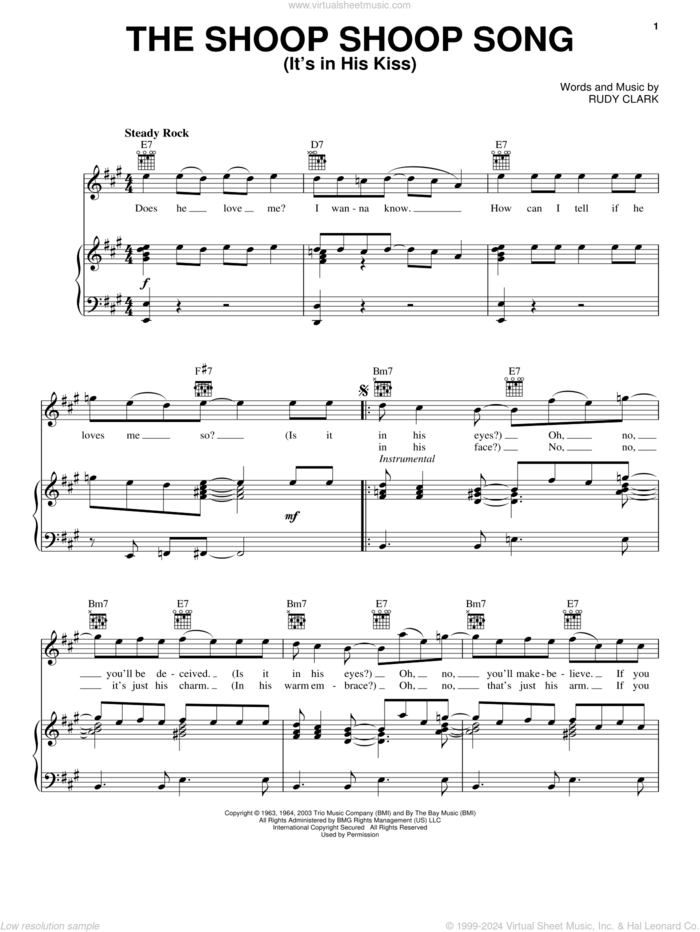 The Shoop Shoop Song (It's In His Kiss) sheet music for voice, piano or guitar by Betty Everett, Cher and Rudy Clark, intermediate skill level
