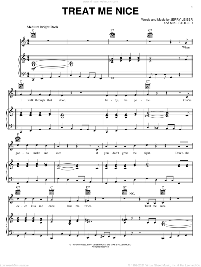 Treat Me Nice sheet music for voice, piano or guitar by Elvis Presley, Leiber & Stoller, Jerry Leiber and Mike Stoller, intermediate skill level