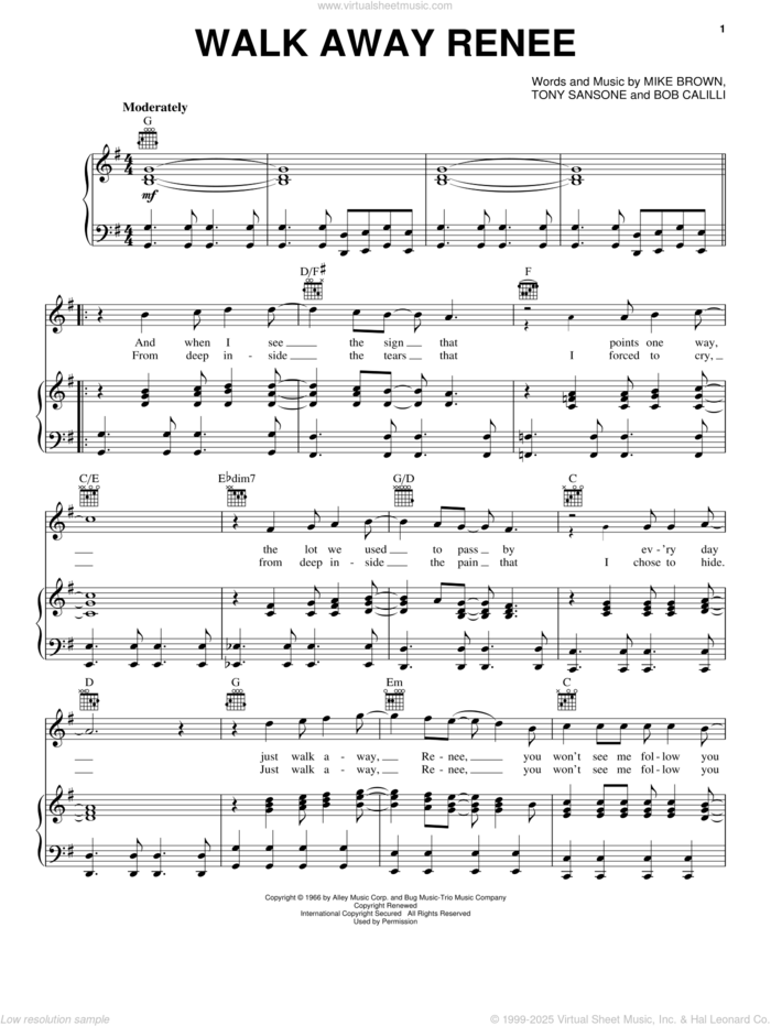 Walk Away Renee sheet music for voice, piano or guitar by The Four Tops, The Left Banke, Bob Calilli, Mike Brown and Tony Sansone, intermediate skill level