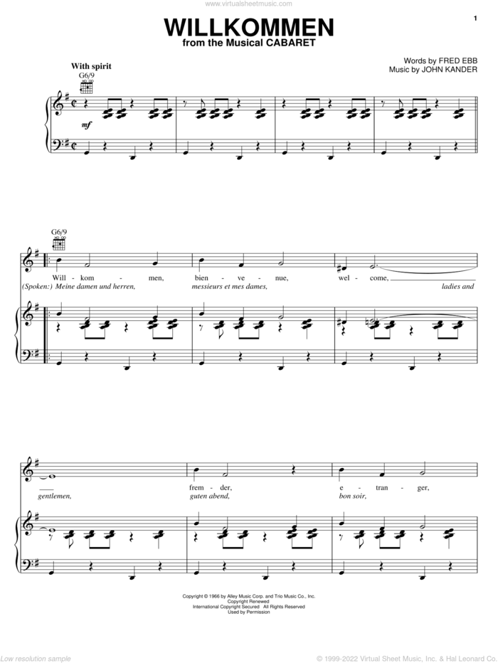 Willkommen sheet music for voice, piano or guitar by Kander & Ebb, Cabaret (Musical), Fred Ebb and John Kander, intermediate skill level