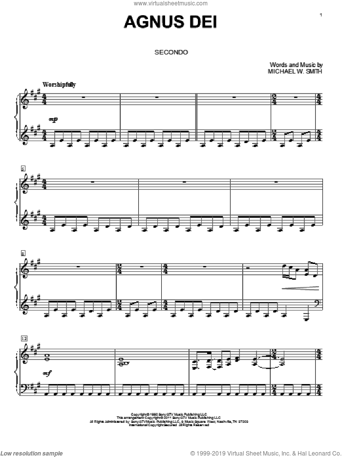 Agnus Dei sheet music for piano four hands by Michael W. Smith and Bill Wolaver, intermediate skill level