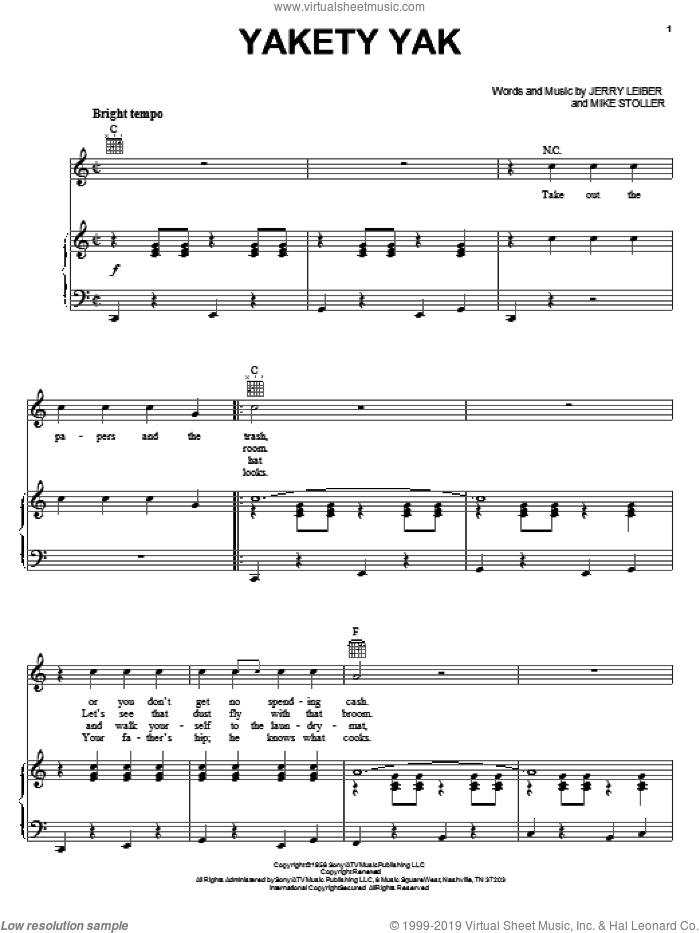 Yakety Yak sheet music for voice, piano or guitar by The Coasters, Boots Randolph, Leiber & Stoller, Jerry Leiber and Mike Stoller, intermediate skill level