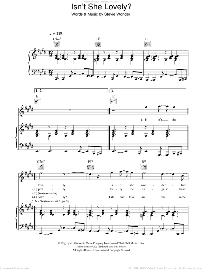 Isn't She Lovely sheet music for voice, piano or guitar by Stevie Wonder, intermediate skill level