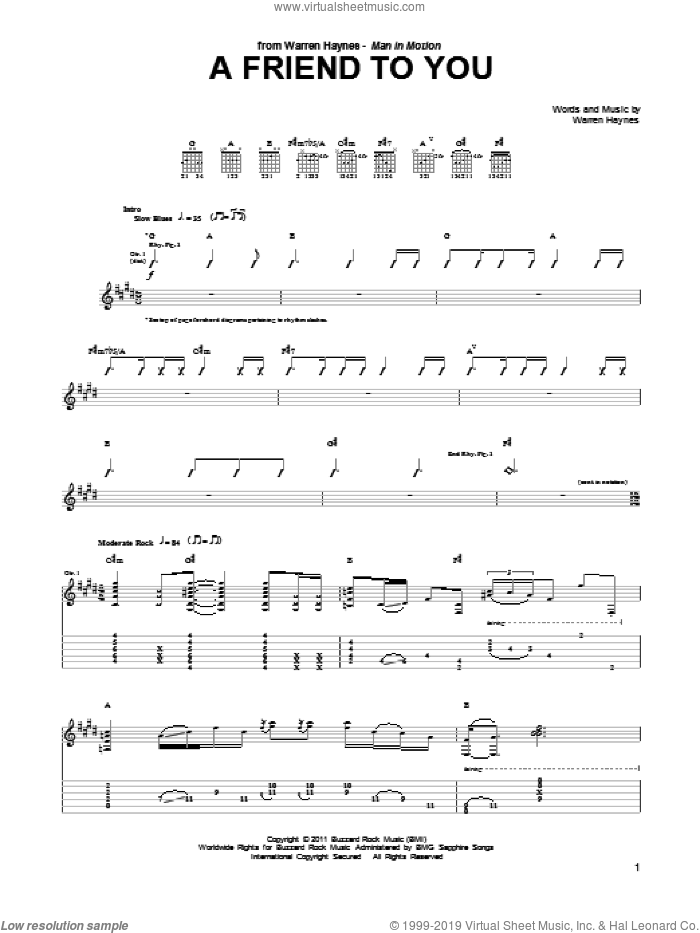A Friend To You sheet music for guitar (tablature) by Warren Haynes, intermediate skill level