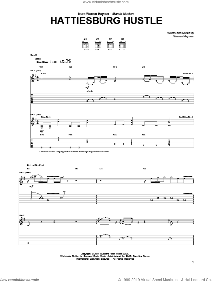 Hattiesburg Hustle sheet music for guitar (tablature) by Warren Haynes, intermediate skill level