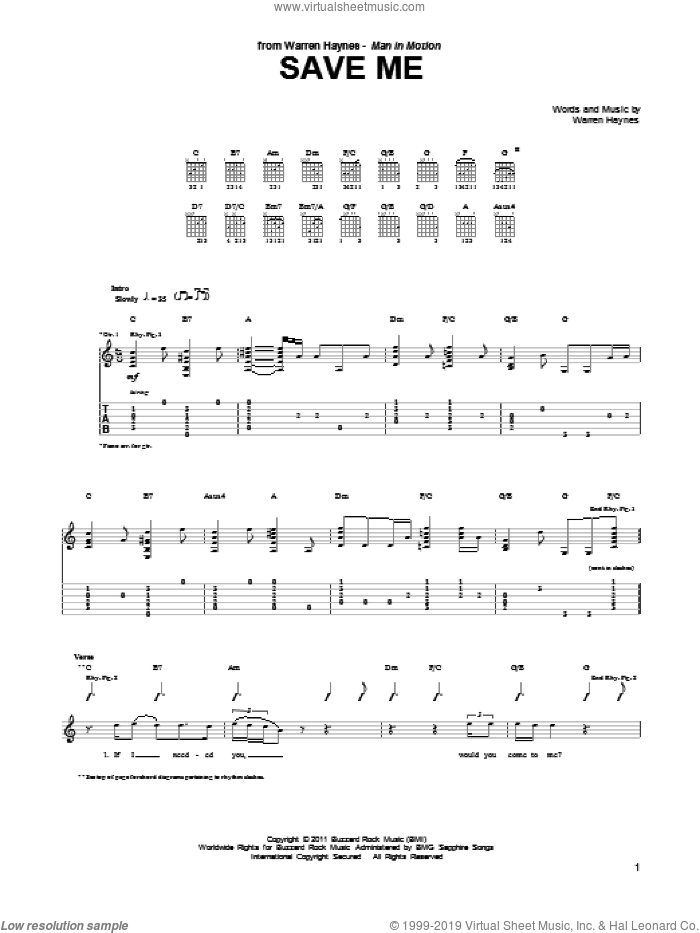 Save Me sheet music for guitar (tablature) by Warren Haynes, intermediate skill level