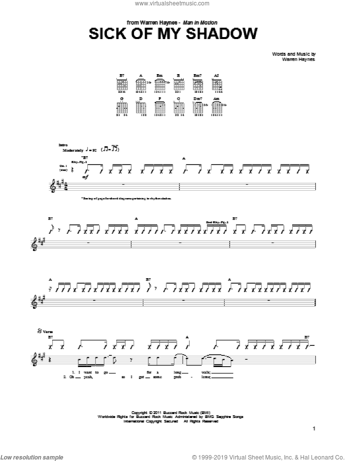 Sick Of My Shadow sheet music for guitar (tablature) by Warren Haynes, intermediate skill level