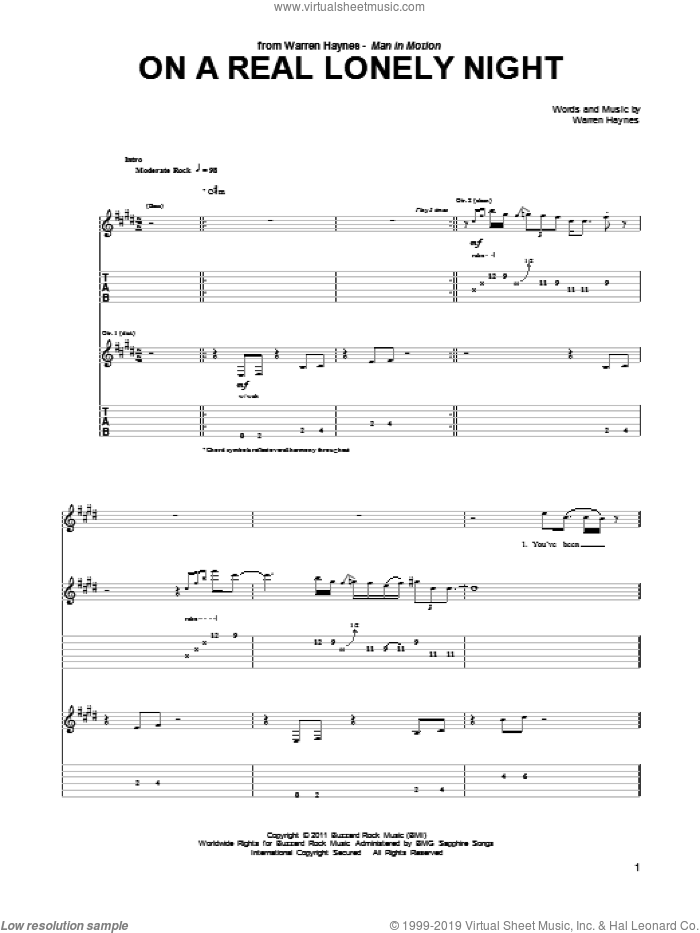 On A Real Lonely Night sheet music for guitar (tablature) by Warren Haynes, intermediate skill level