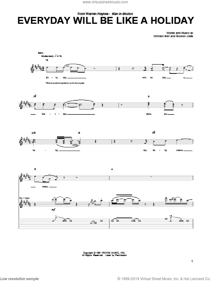 Everyday Will Be Like A Holiday sheet music for guitar (tablature) by Warren Haynes, Booker Jones and William Bell, intermediate skill level