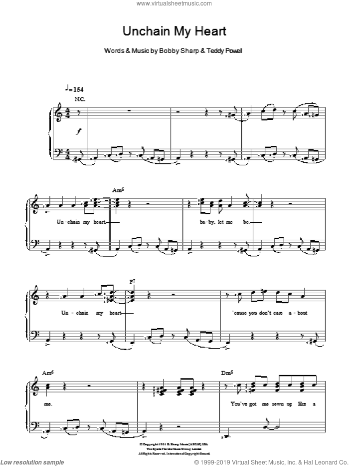 Unchain My Heart sheet music for voice and piano by Ray Charles, Bobby Sharp and Teddy Powell, intermediate skill level