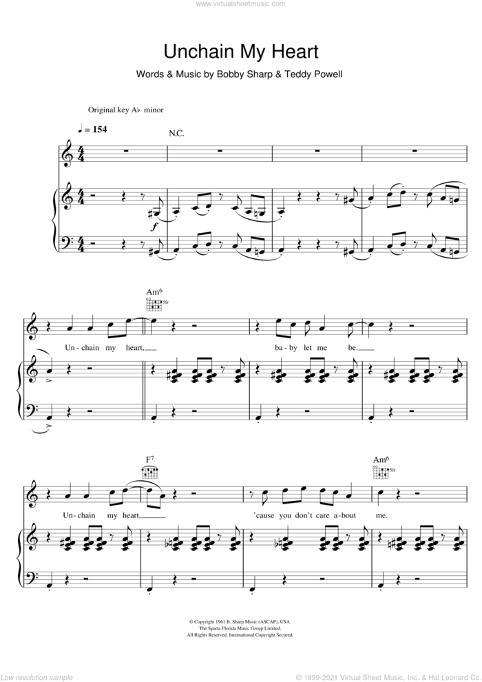 Unchain My Heart sheet music for voice, piano or guitar by Ray Charles, Bobby Sharp and Teddy Powell, intermediate skill level