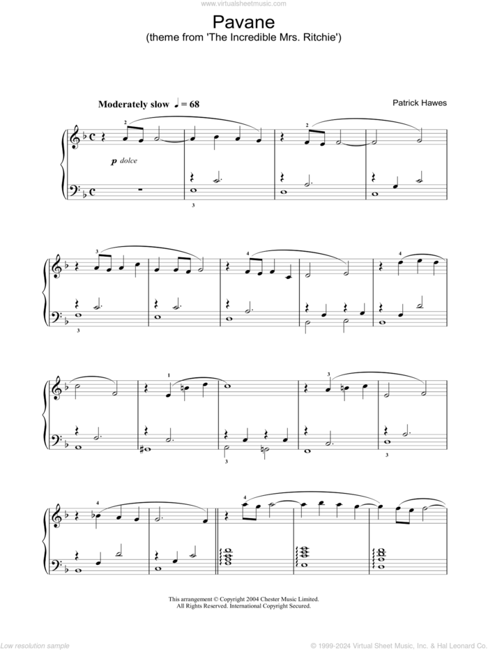 Pavane (theme from 'The Incredible Mrs Ritchie') sheet music for piano solo by Patrick Hawes, intermediate skill level