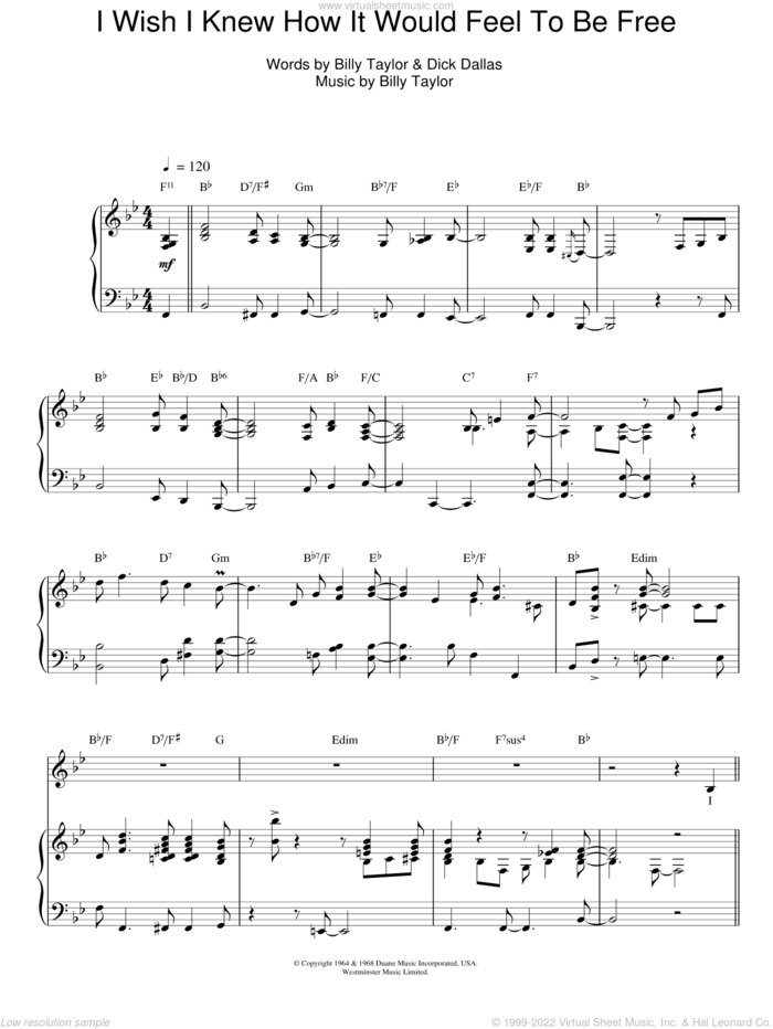 I Wish I Knew How It Would Feel To Be Free sheet music for voice, piano or guitar by Nina Simone, Billy Taylor and Dick Dallas, intermediate skill level