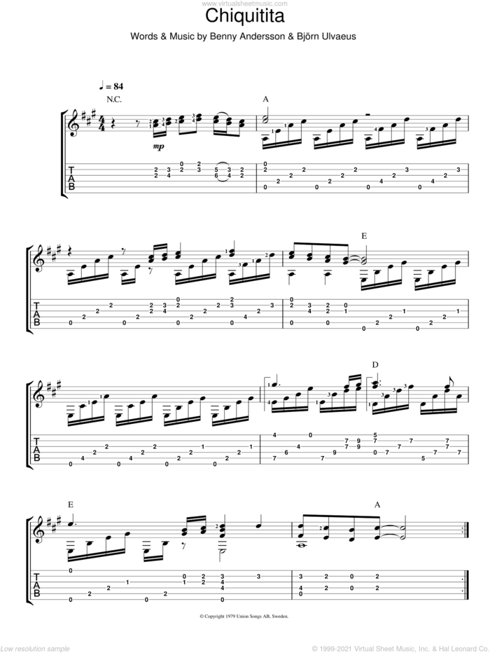 Chiquitita sheet music for guitar solo (chords) by ABBA, Benny Andersson and Bjorn Ulvaeus, easy guitar (chords)