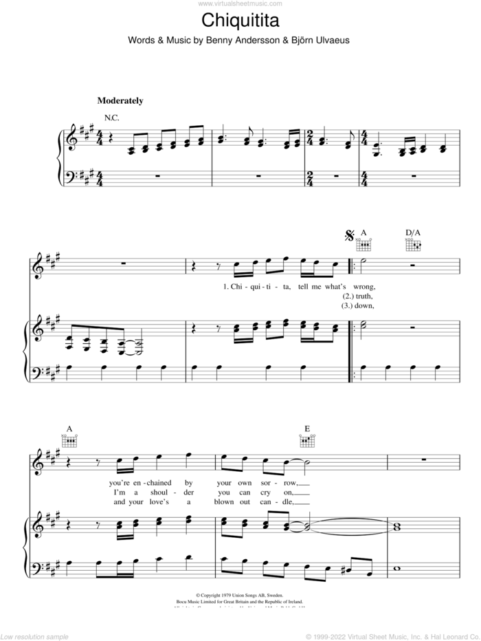 Chiquitita sheet music for voice, piano or guitar by ABBA, Benny Andersson and Bjorn Ulvaeus, intermediate skill level