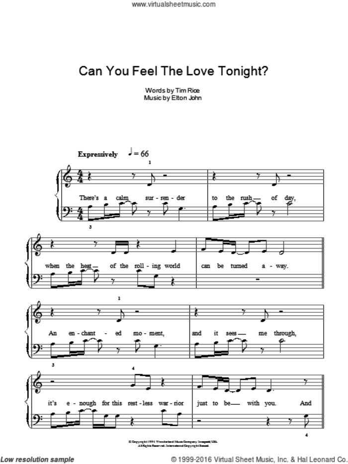 Can You Feel The Love Tonight (from The Lion King), (easy) (from The Lion King) sheet music for piano solo by Elton John and Tim Rice, wedding score, easy skill level