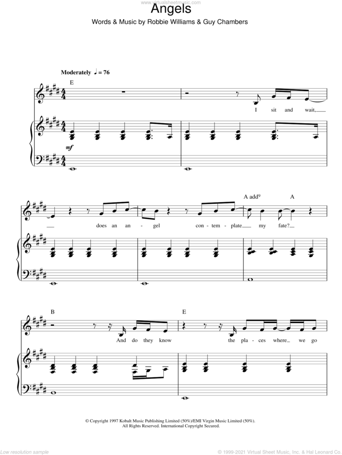 Angels sheet music for voice, piano or guitar by Robbie Williams and Guy Chambers, intermediate skill level