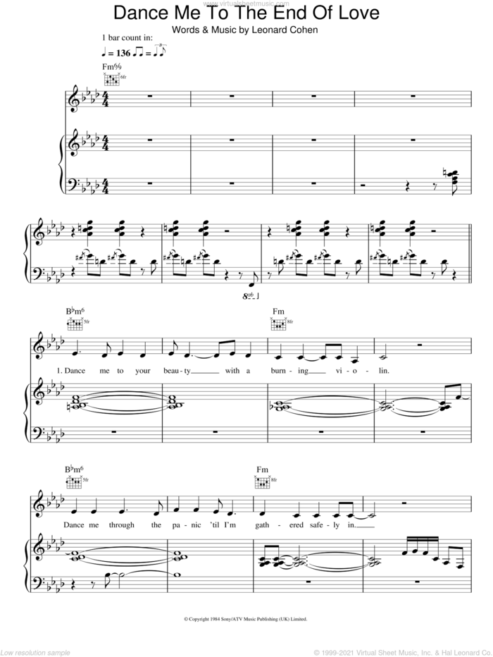 Dance Me To The End Of Love sheet music for voice, piano or guitar by Madeleine Peyroux and Leonard Cohen, intermediate skill level