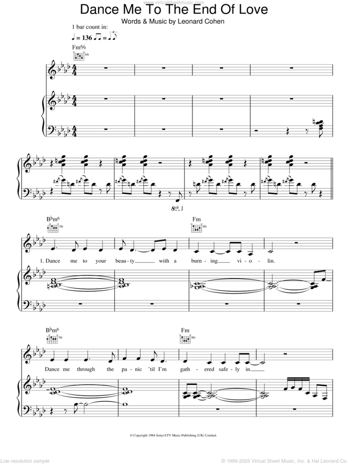 Dance Me To The End Of Love sheet music for voice, piano or guitar by Madeleine Peyroux and Leonard Cohen, intermediate skill level