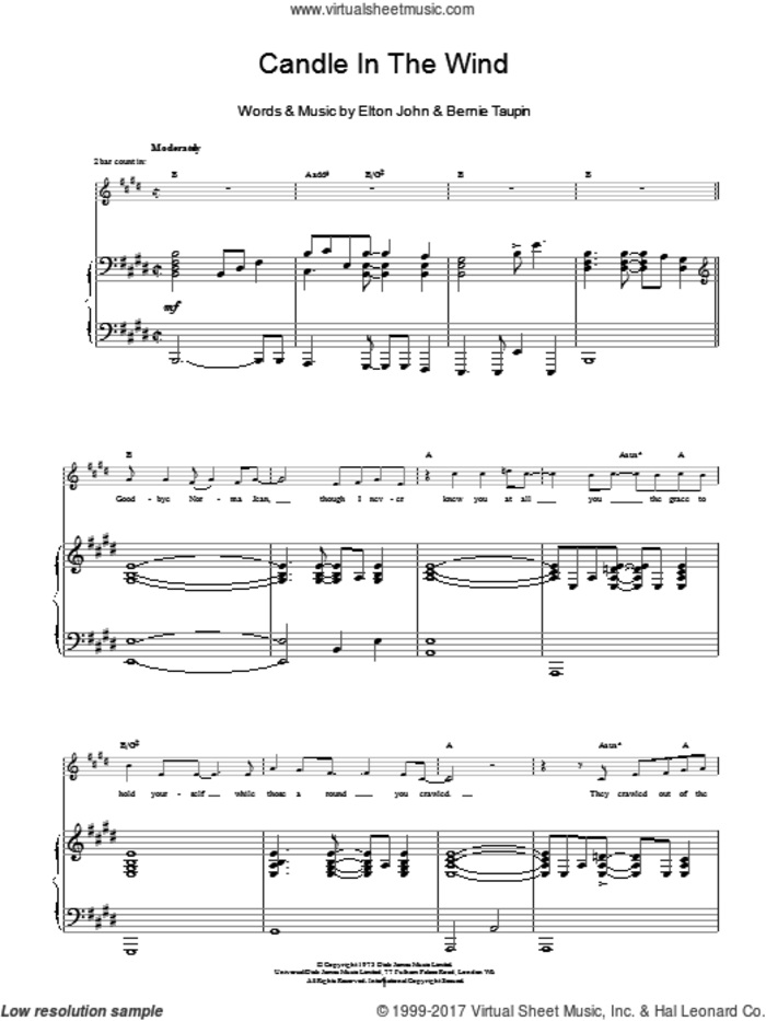 Candle In The Wind sheet music for voice, piano or guitar by Elton John and Bernie Taupin, intermediate skill level