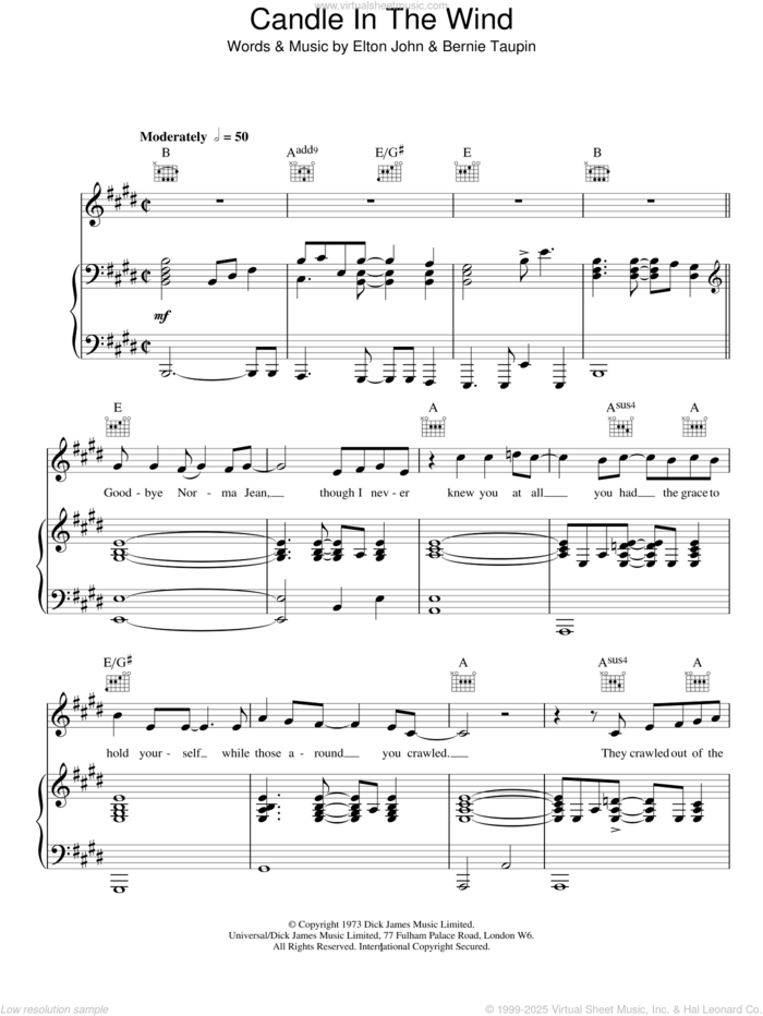 Candle In The Wind sheet music for voice, piano or guitar by Elton John and Bernie Taupin, intermediate skill level