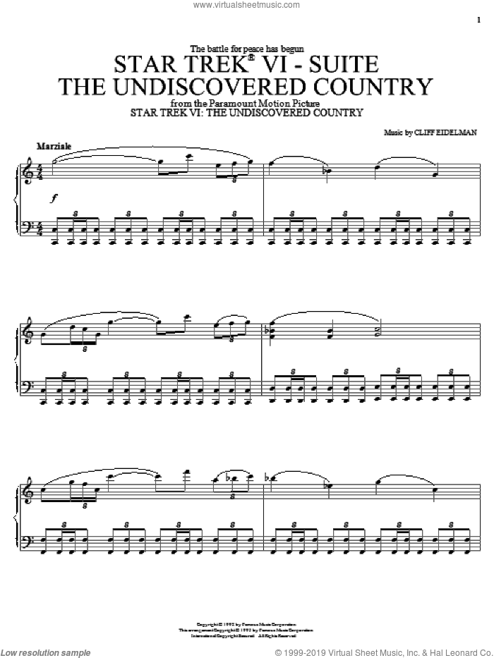 Star Trek VI - The Undiscovered Country sheet music for piano solo by Cliff Eidelman and Star Trek(R), intermediate skill level