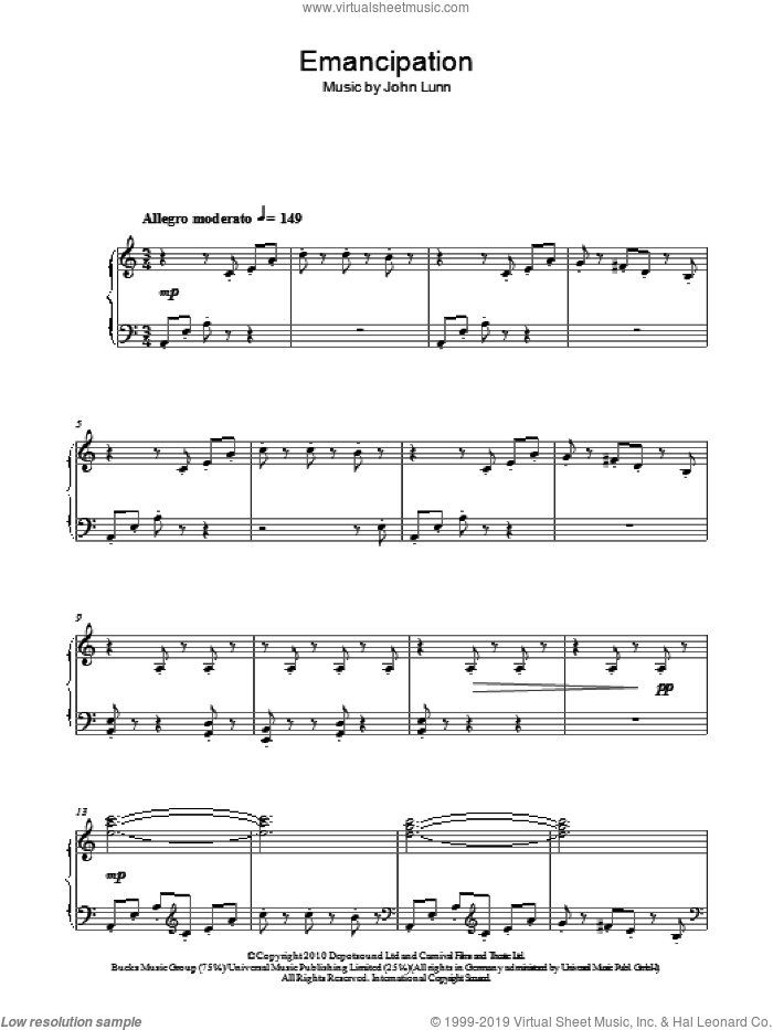 Emancipation sheet music for piano solo by John Lunn, intermediate skill level