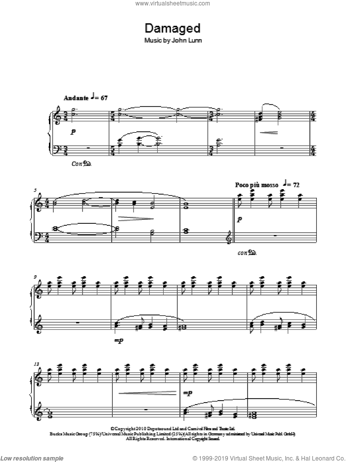 Damaged sheet music for piano solo by John Lunn, intermediate skill level