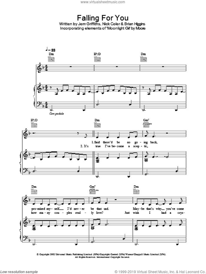 Falling For You sheet music for voice, piano or guitar by Jem, Brian Higgins, Jem Griffiths and Nick Coler, intermediate skill level