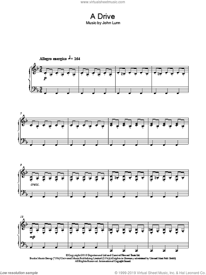 A Drive sheet music for piano solo by John Lunn, intermediate skill level