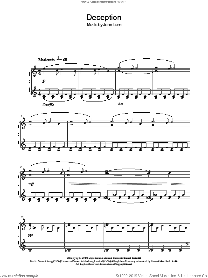 Deception sheet music for piano solo by John Lunn, intermediate skill level