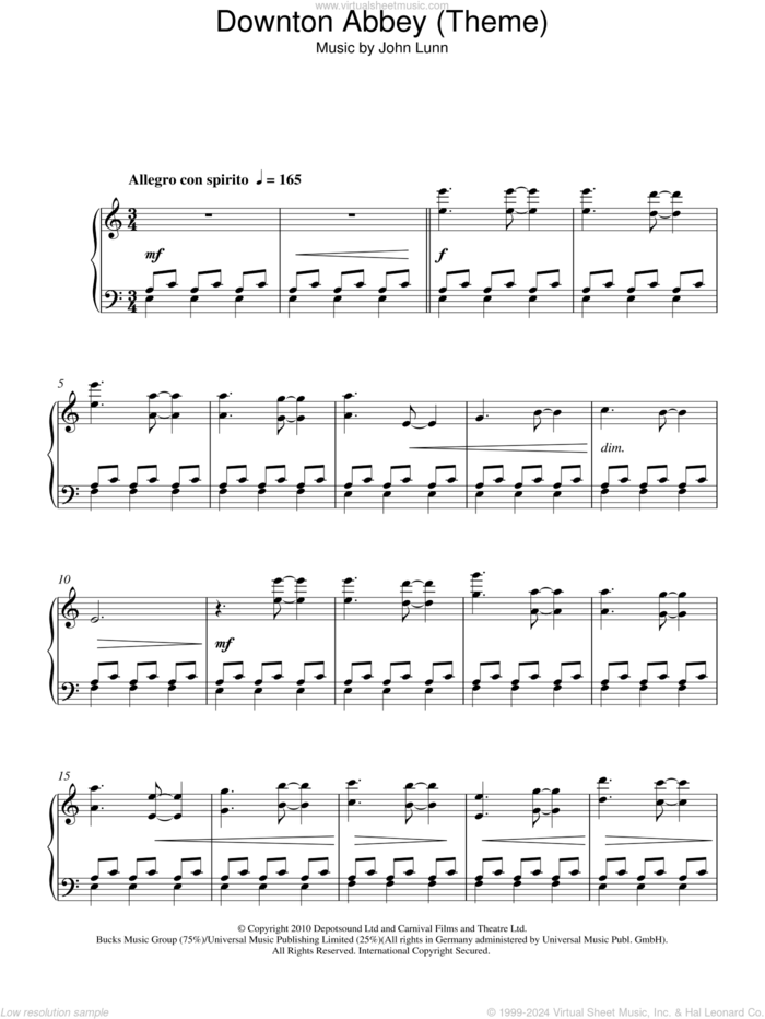 Downton Abbey (Theme), (intermediate) sheet music for piano solo by John Lunn, intermediate skill level